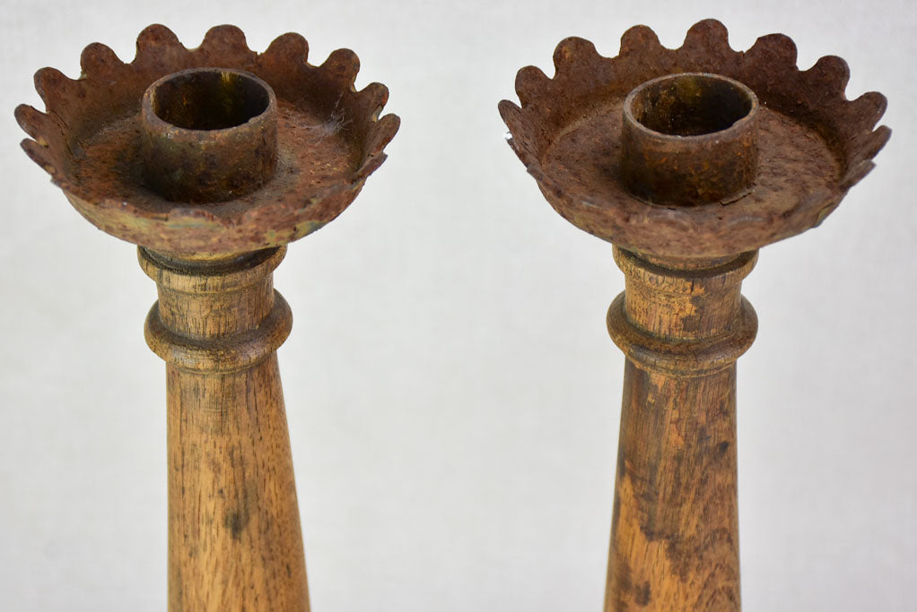 A pair of French candlesticks - wood and iron 15¼"