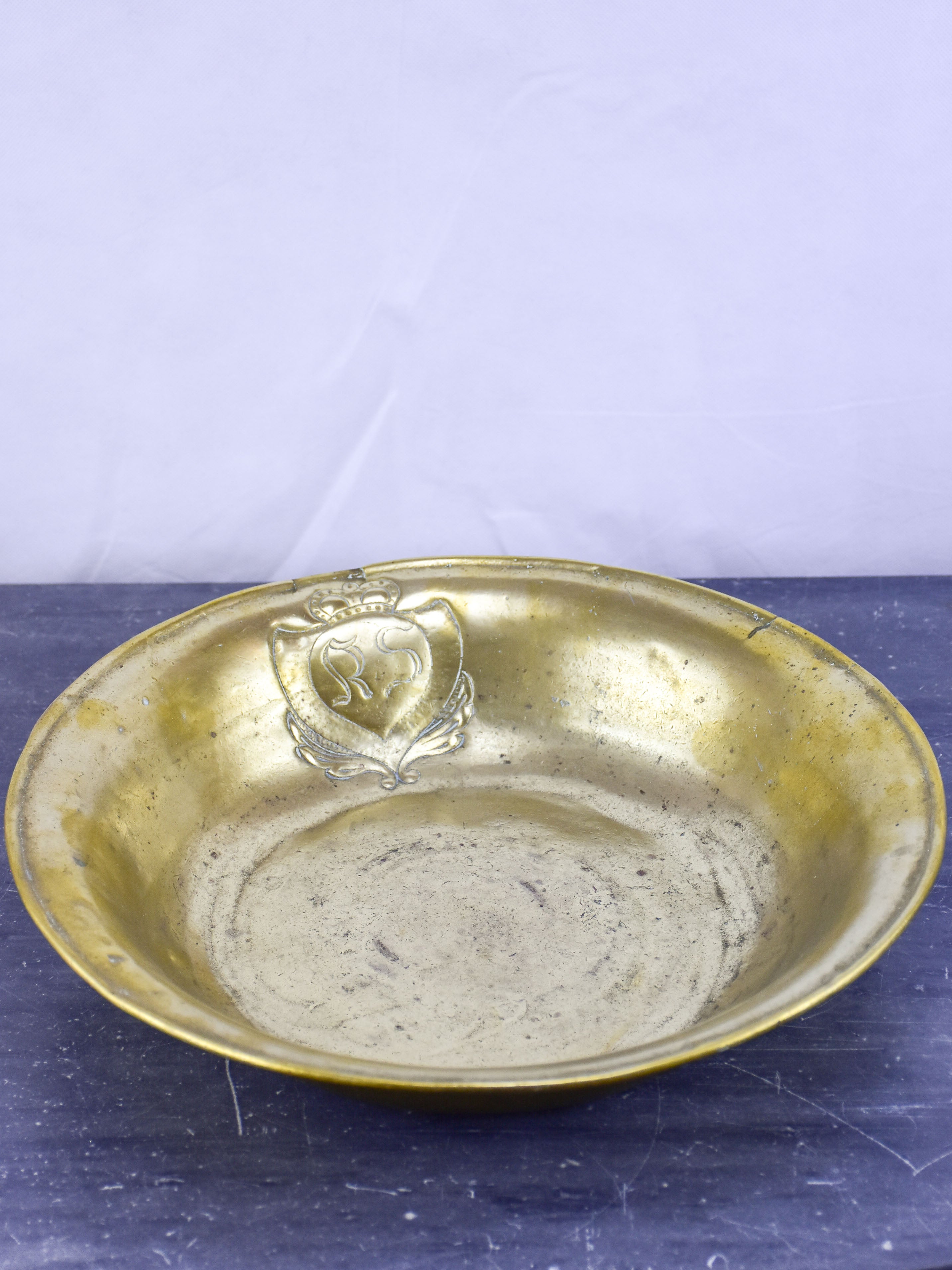 19th century Italian brass washing bowl with RS monogram