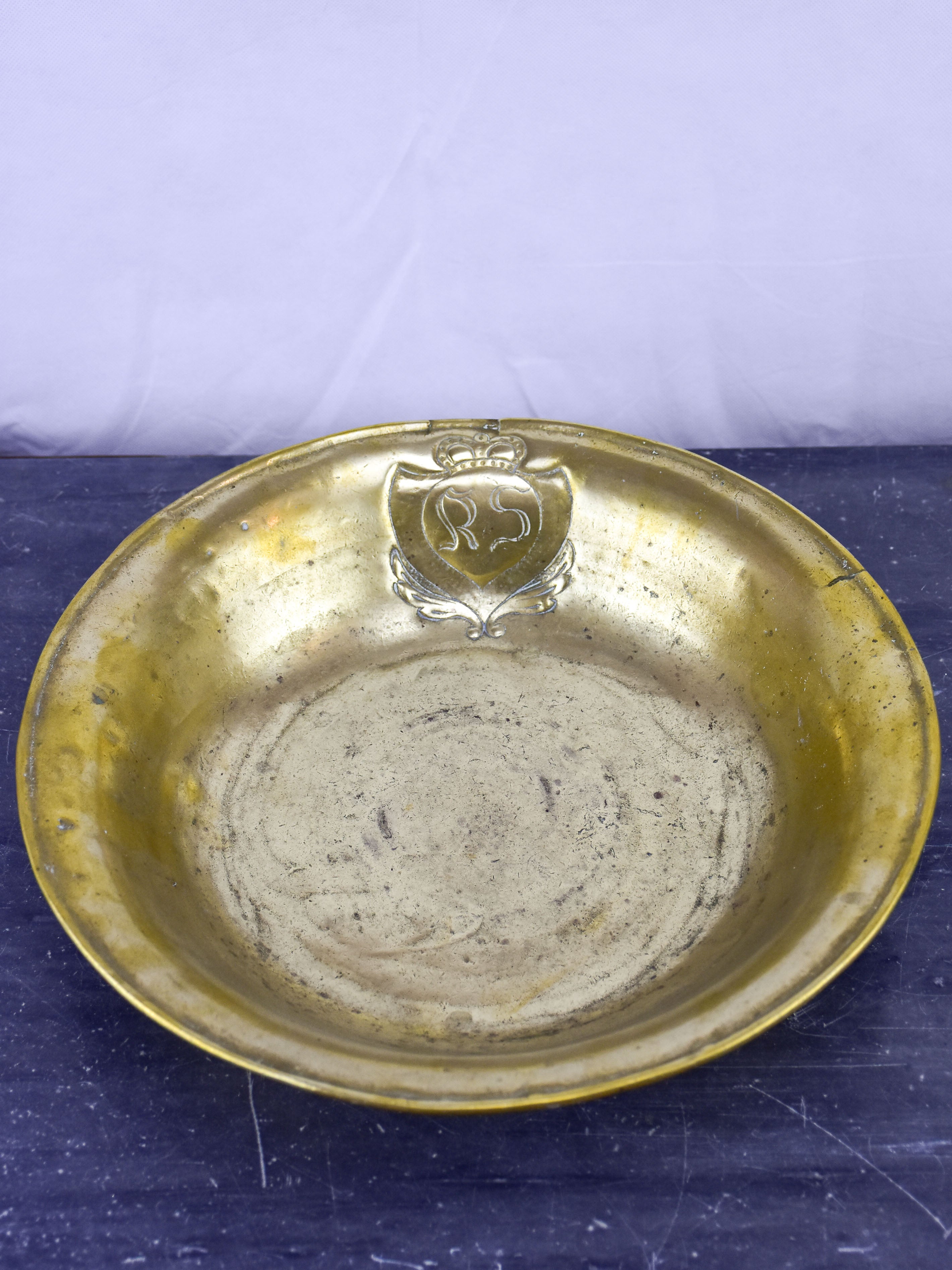 19th century Italian brass washing bowl with RS monogram