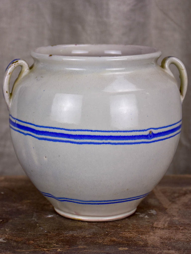 Antique French preserving pot - white with blue stripes