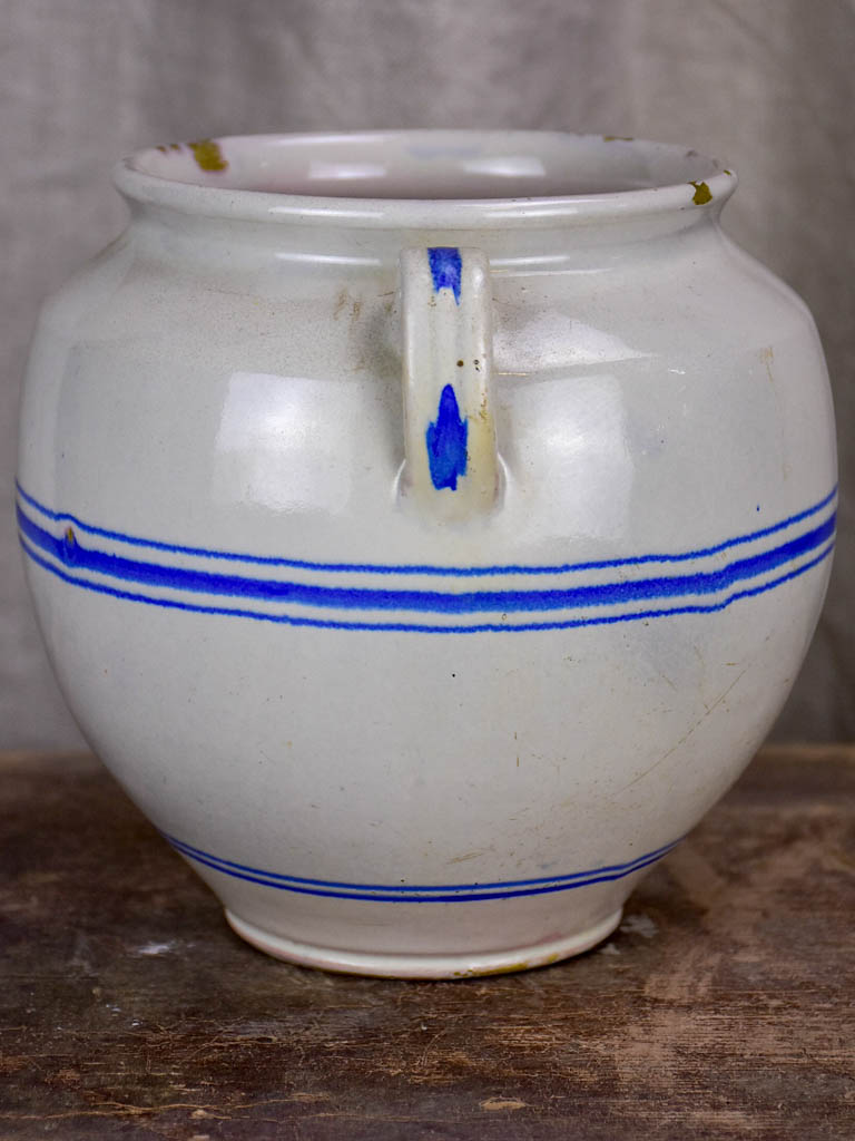 Antique French preserving pot - white with blue stripes