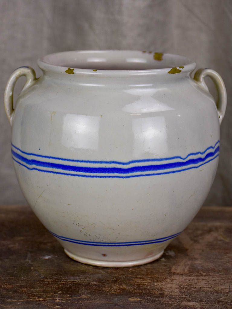 Antique French preserving pot - white with blue stripes