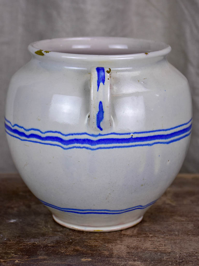 Antique French preserving pot - white with blue stripes