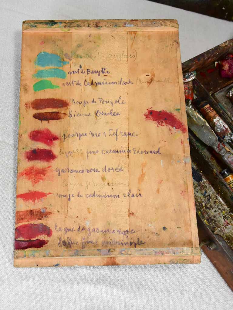 French painter's box with palette from the 1940s with sample panel