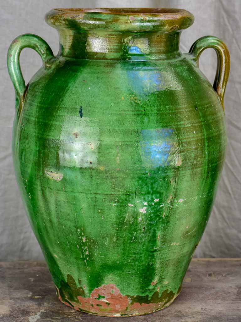 Antique French terracotta olive jar with green glaze