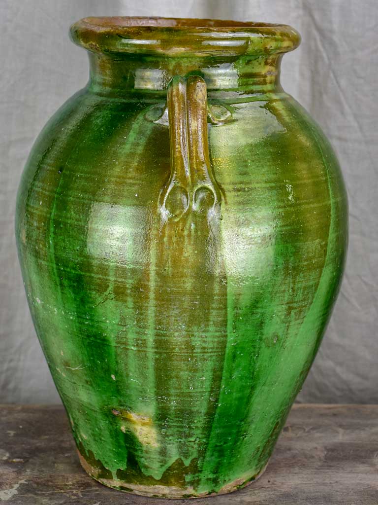 Antique French terracotta olive jar with green glaze