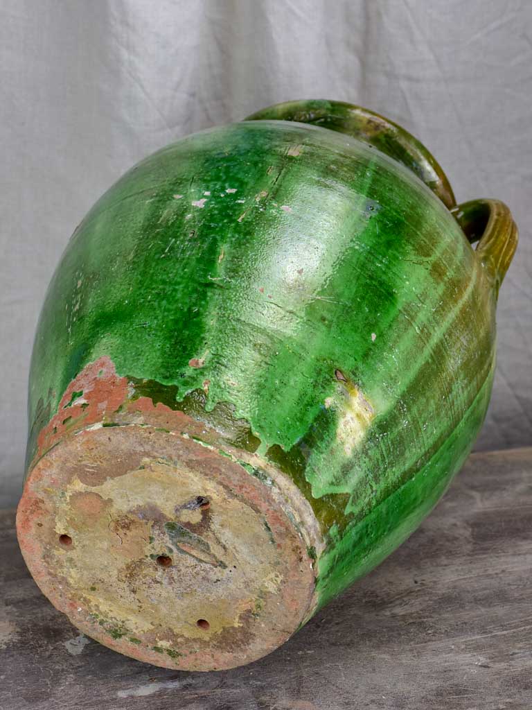 Antique French terracotta olive jar with green glaze