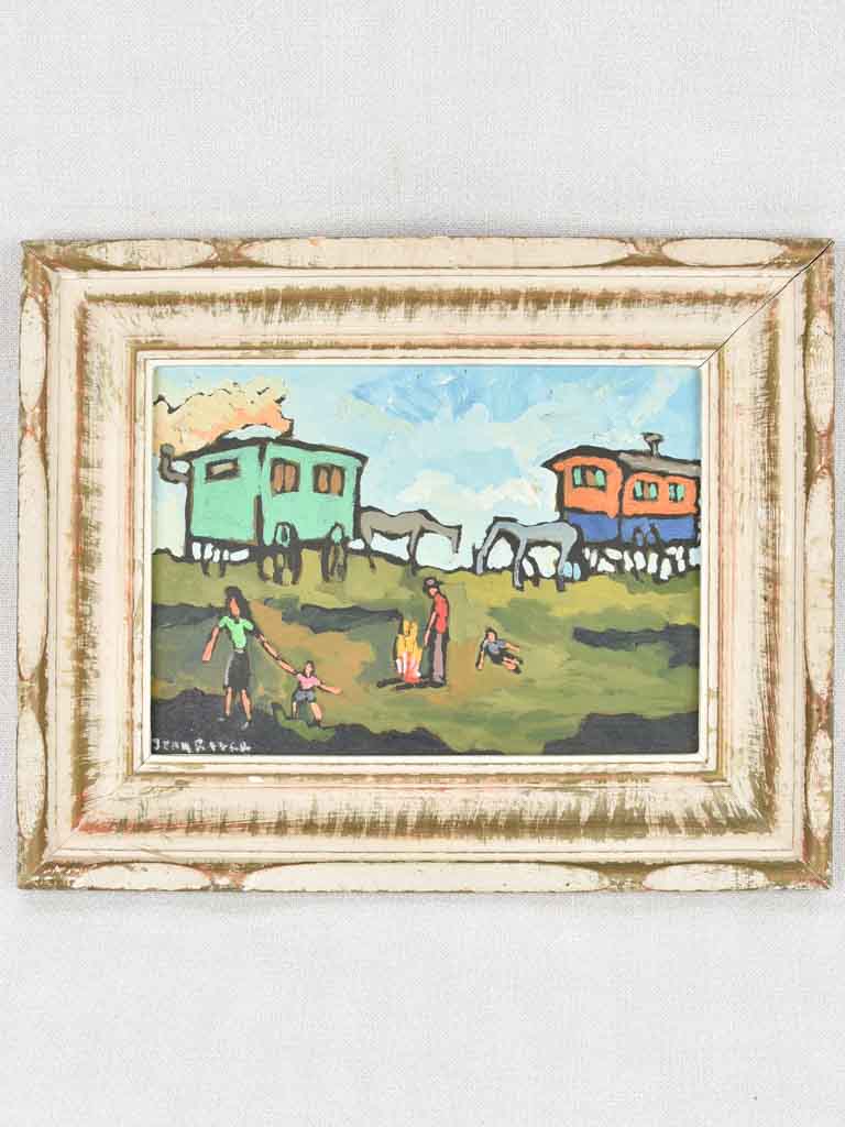 Small vintage painting - animated landscape - horse drawn wagons 9½" x 11¾"