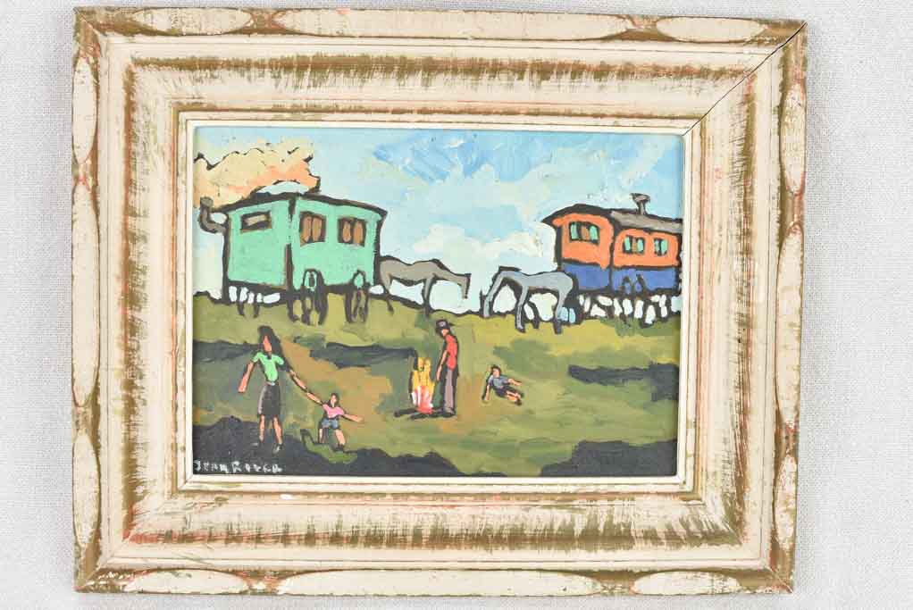 Small vintage painting - animated landscape - horse drawn wagons 9½" x 11¾"