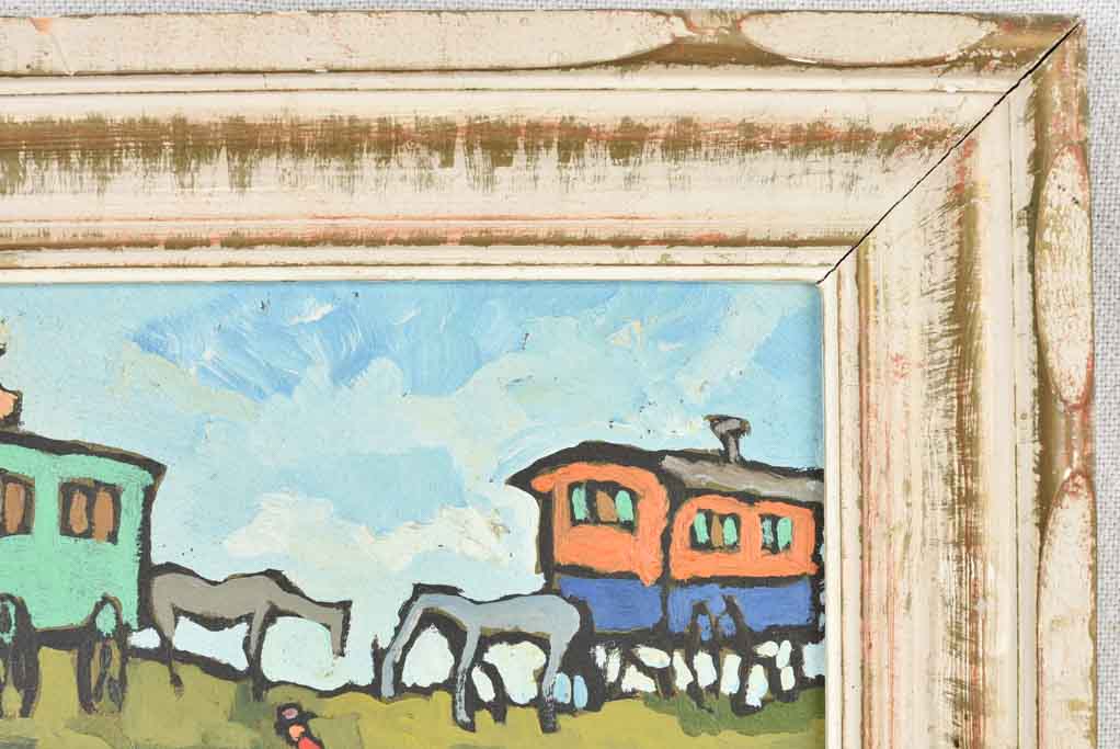 Small vintage painting - animated landscape - horse drawn wagons 9½" x 11¾"