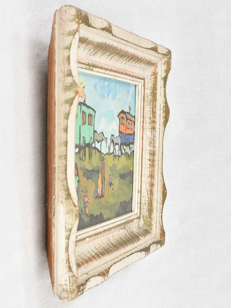 Small vintage painting - animated landscape - horse drawn wagons 9½" x 11¾"