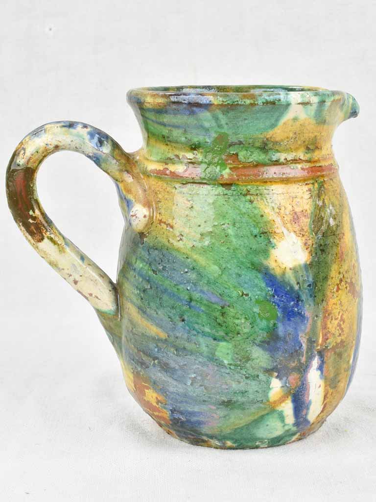 Antique ceramic pitcher from Puglia Italy - blue & green glaze 8¾"