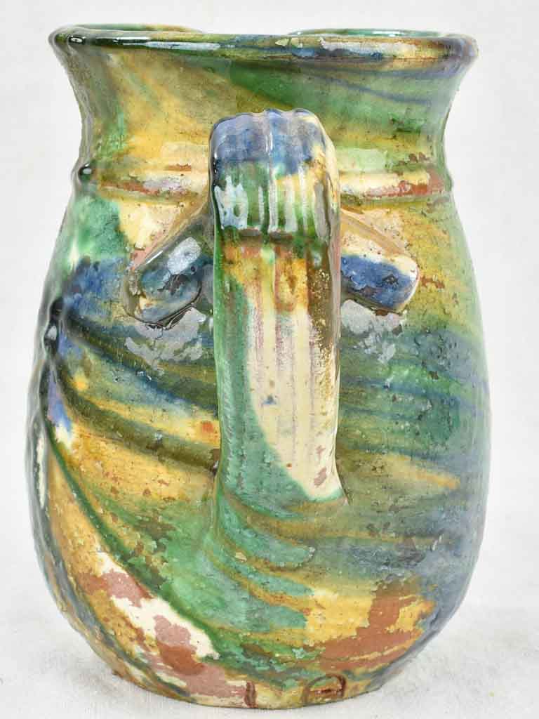 Antique ceramic pitcher from Puglia Italy - blue & green glaze 8¾"