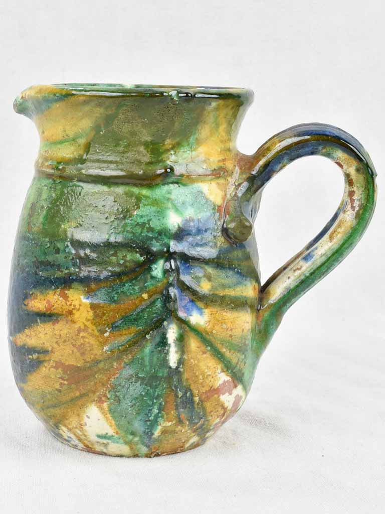 Antique ceramic pitcher from Puglia Italy - blue & green glaze 8¾"