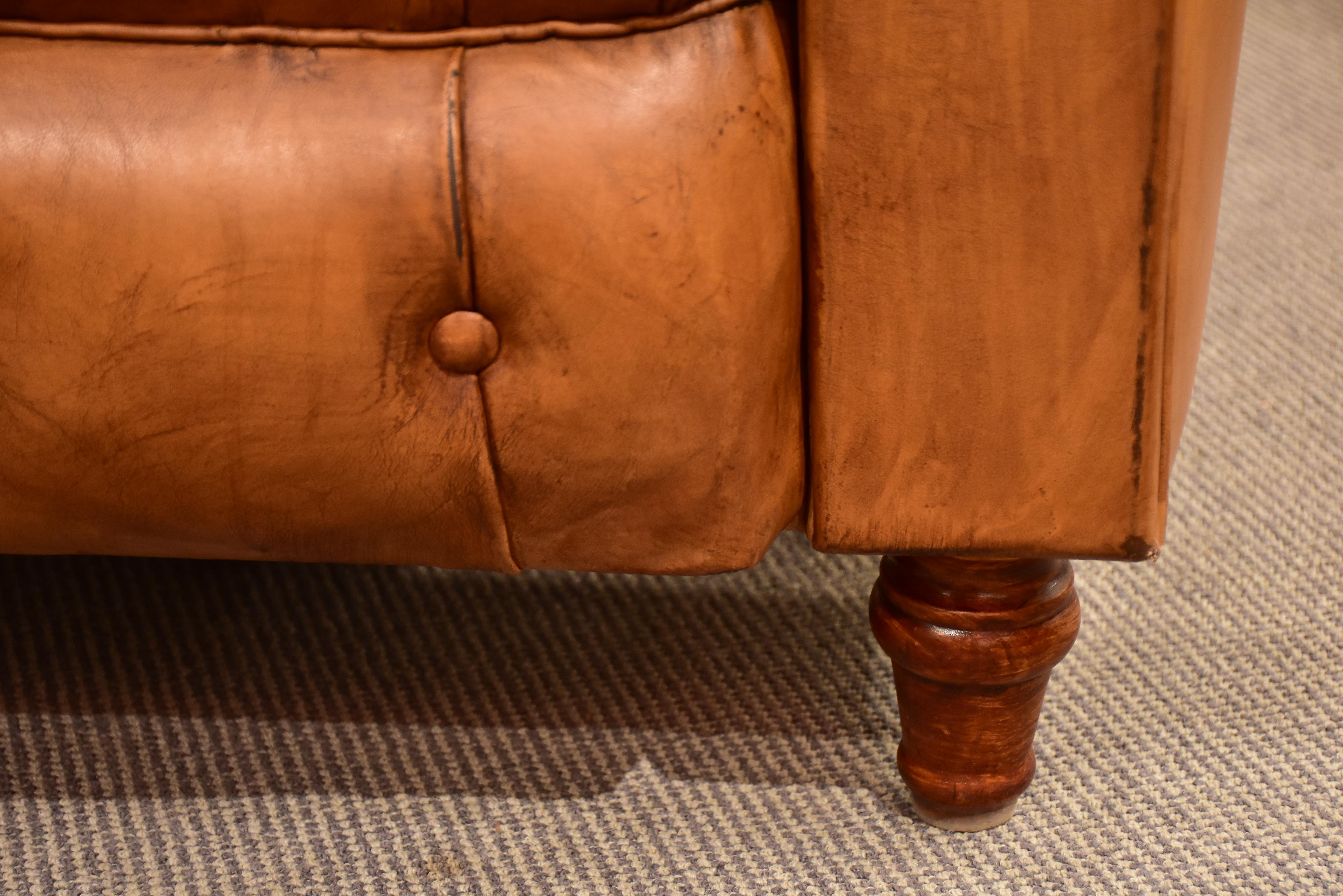 Original 1960's Chesterfield three seat sofa with brown leather