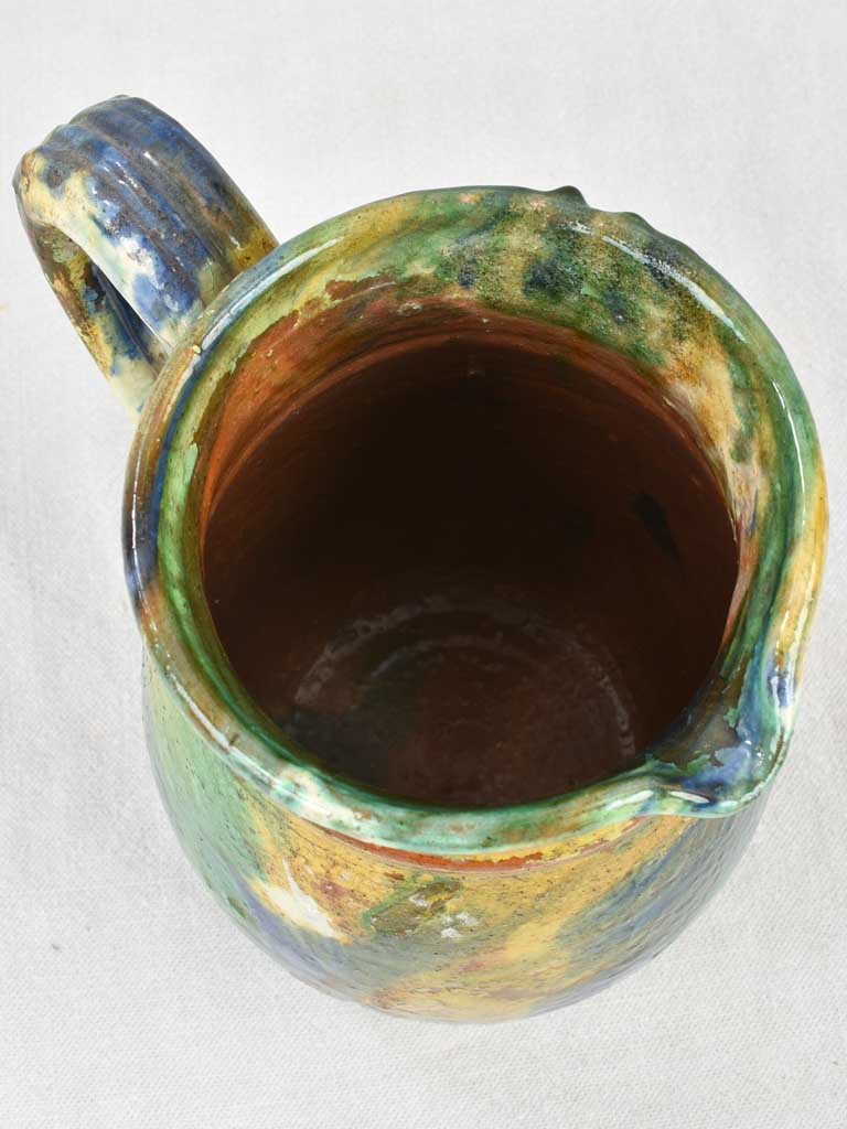 Antique ceramic pitcher from Puglia Italy - blue & green glaze 8¾"