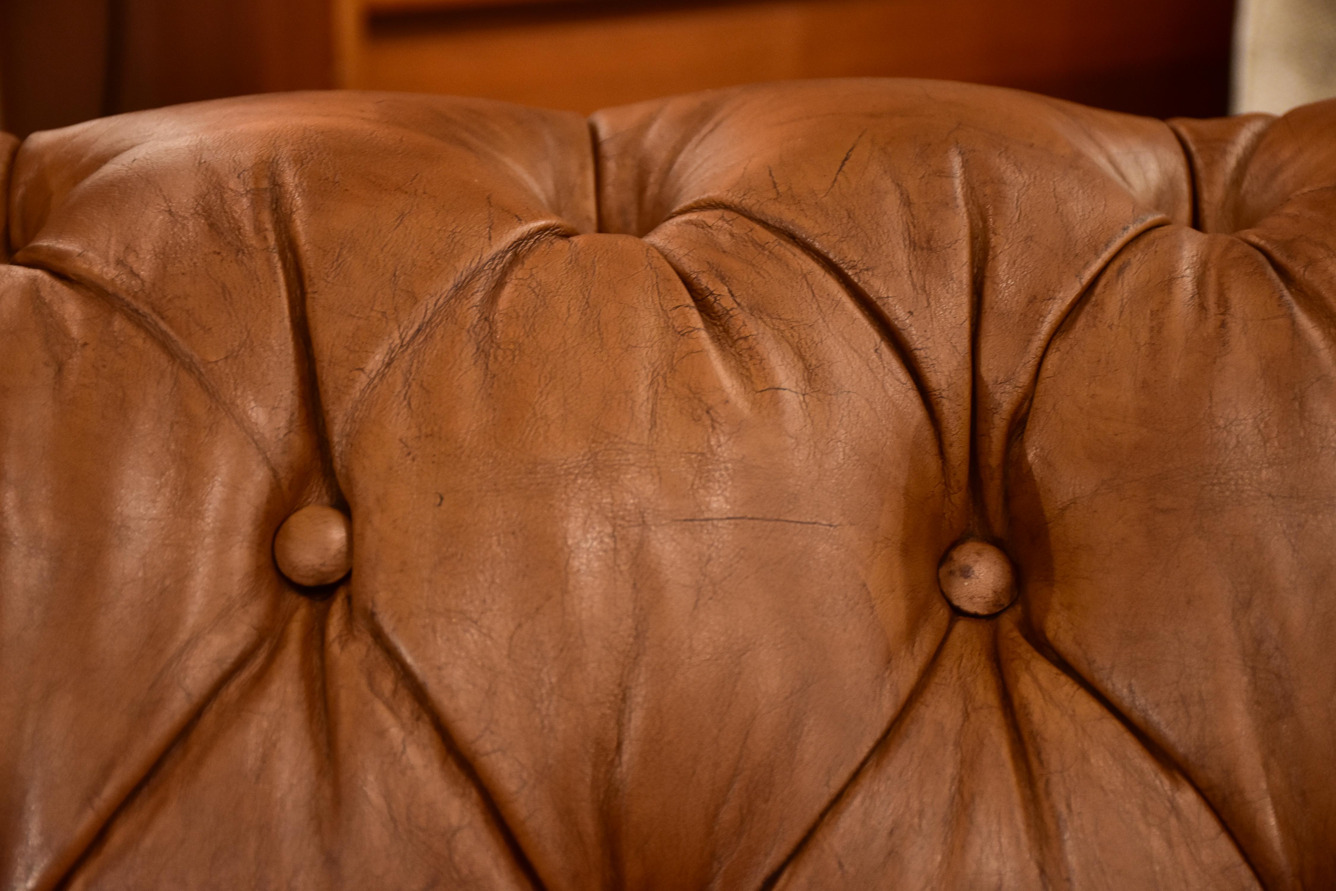 Original 1960's Chesterfield three seat sofa with brown leather