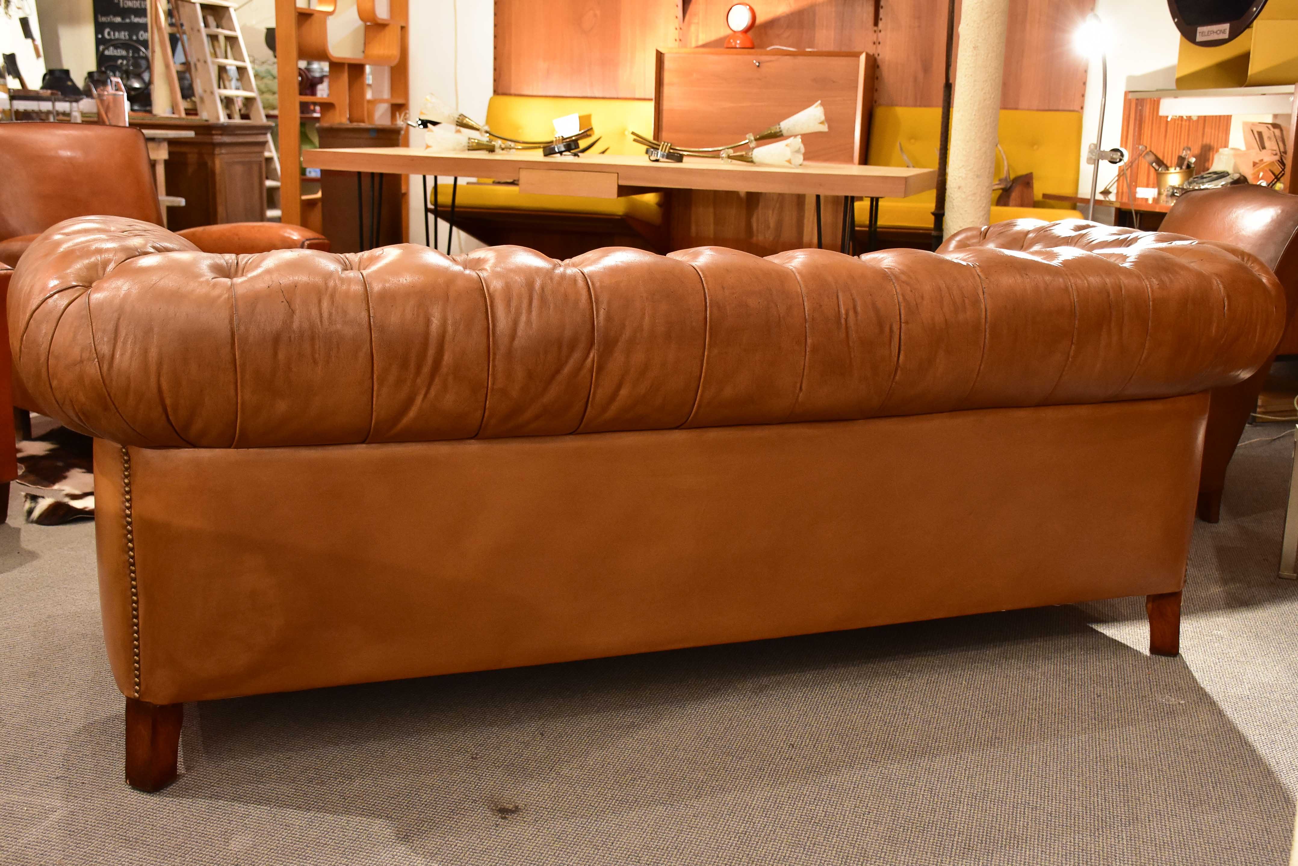 Original 1960's Chesterfield three seat sofa with brown leather