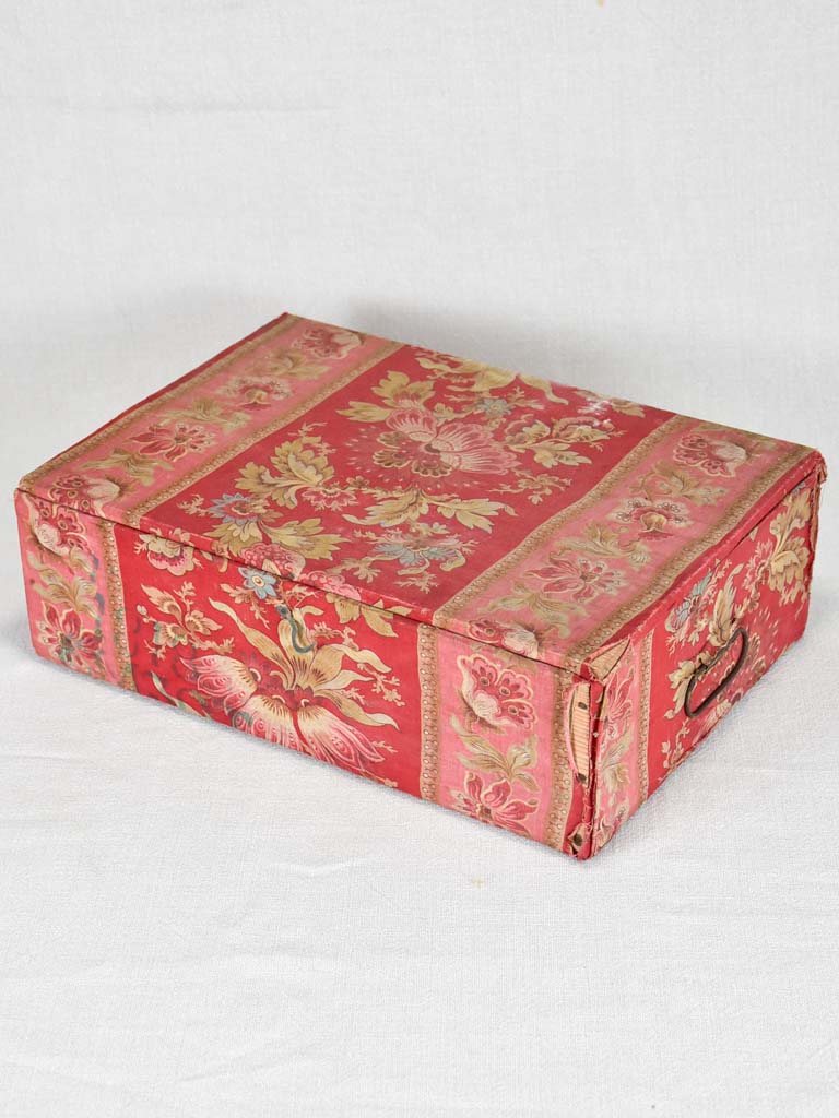 19th-century French document box covered in patterned fabric