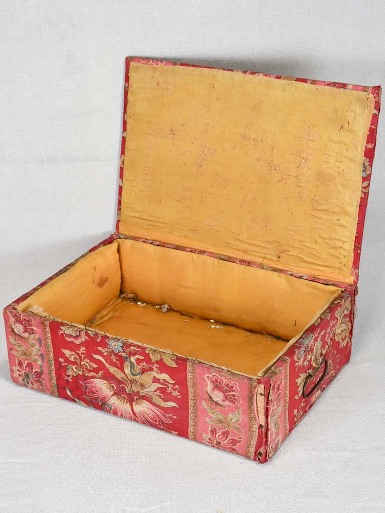 19th-century French document box covered in patterned fabric