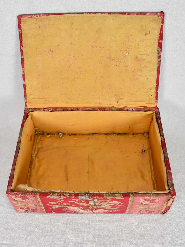 19th-century French document box covered in patterned fabric