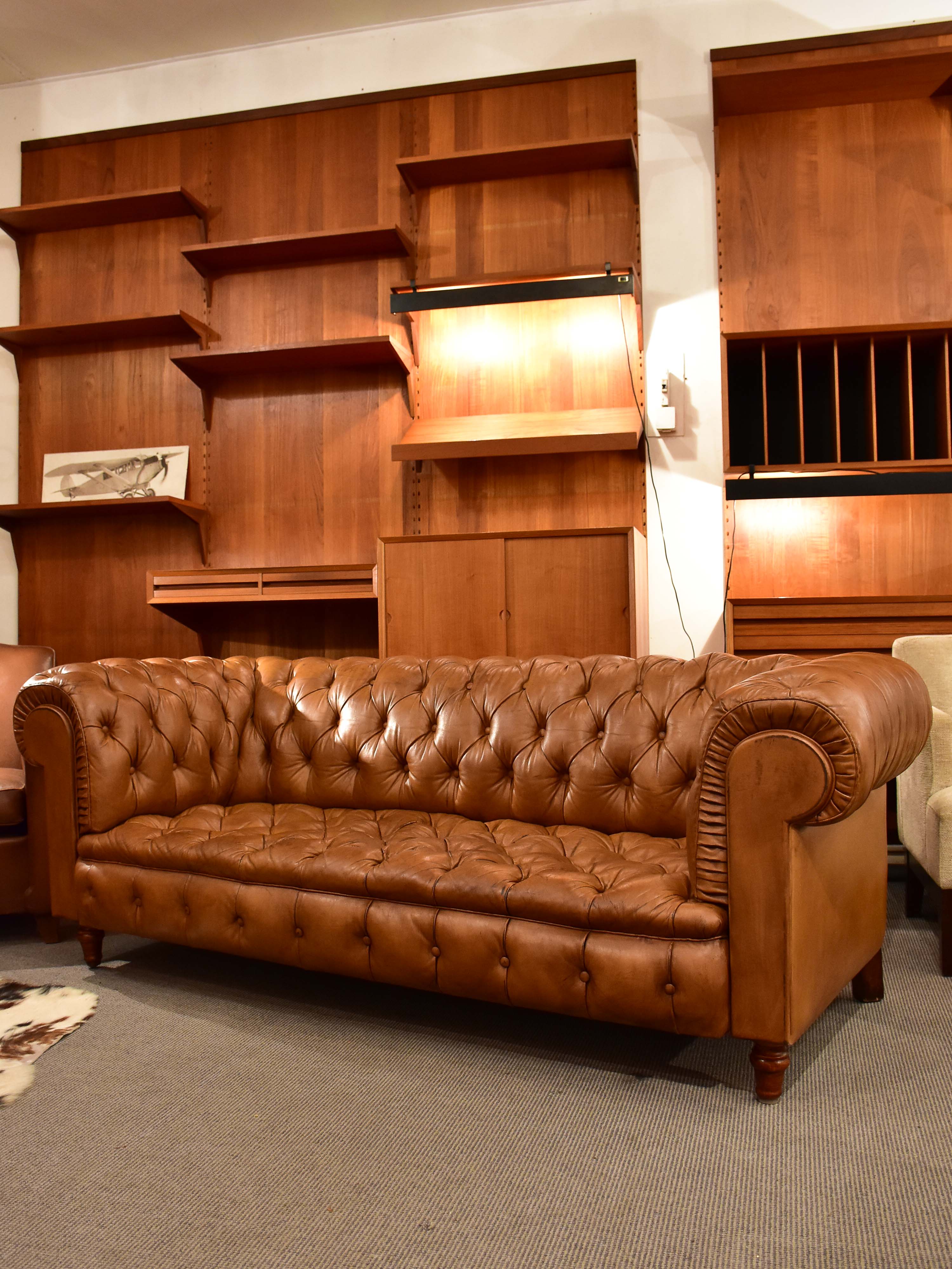 Original 1960's Chesterfield three seat sofa with brown leather