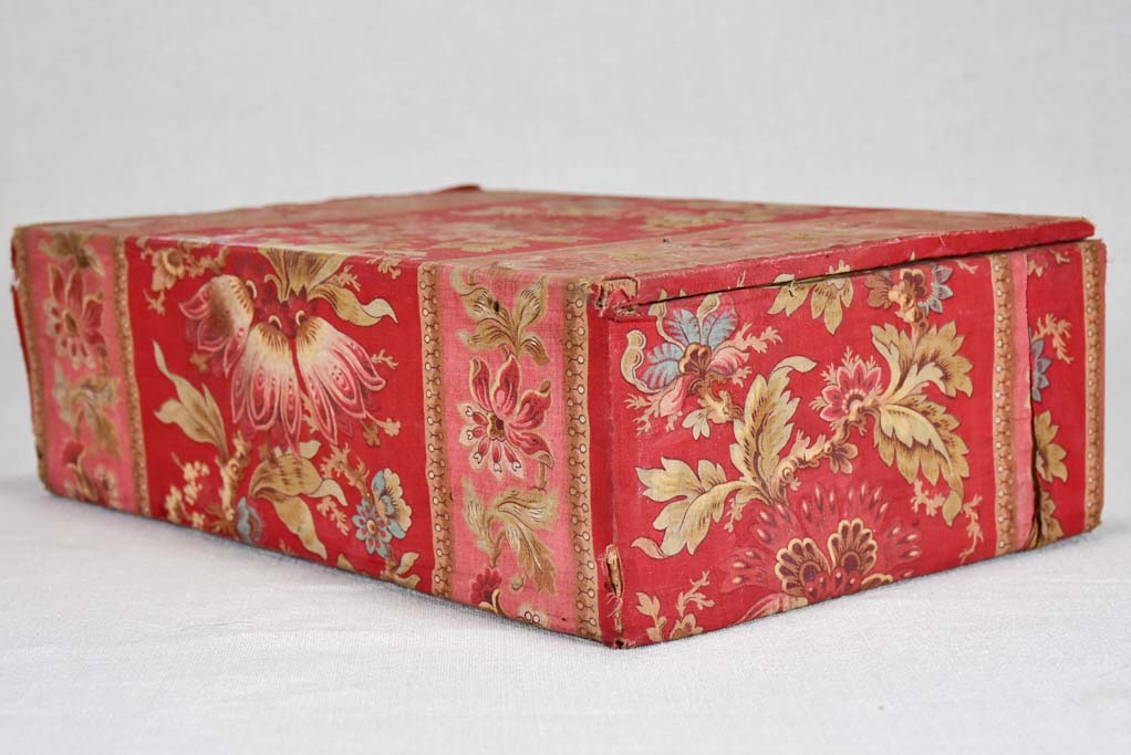 19th-century French document box covered in patterned fabric