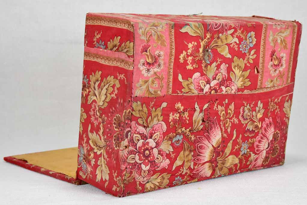 19th-century French document box covered in patterned fabric