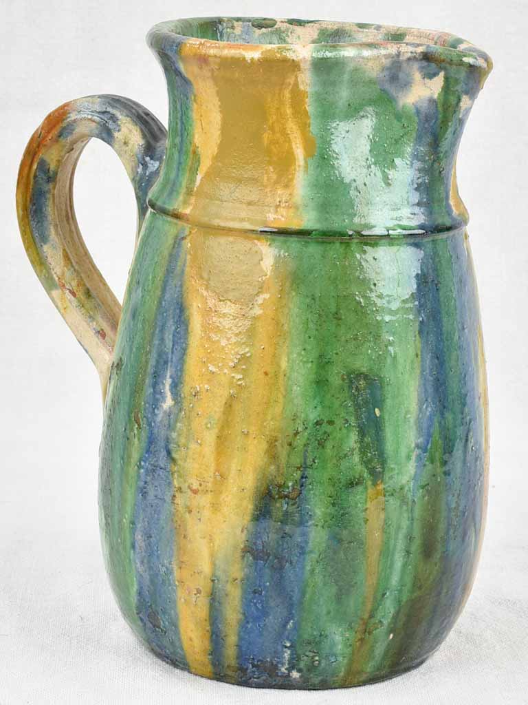 Antique ceramic pitcher from Puglia Italy - blue orange green glaze 10¼"