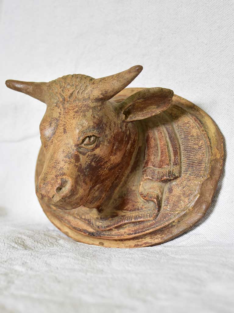 Antique French bulls head from a butcher's block - carved wood