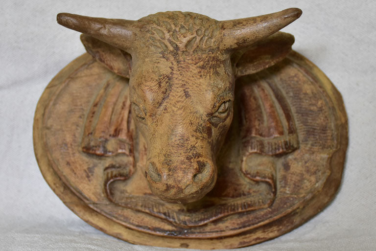 Antique French bulls head from a butcher's block - carved wood