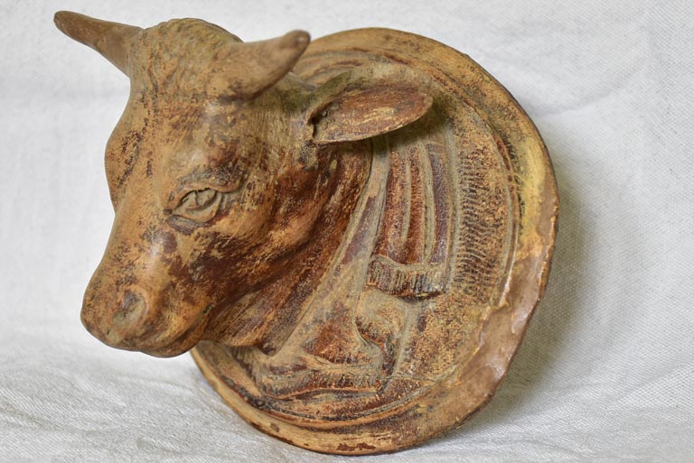 Antique French bulls head from a butcher's block - carved wood