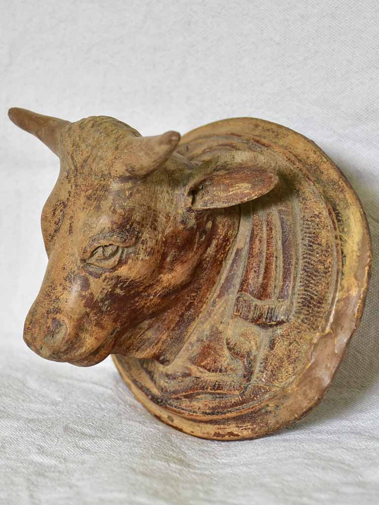 Antique French bulls head from a butcher's block - carved wood