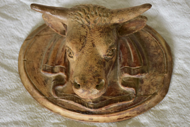 Antique French bulls head from a butcher's block - carved wood