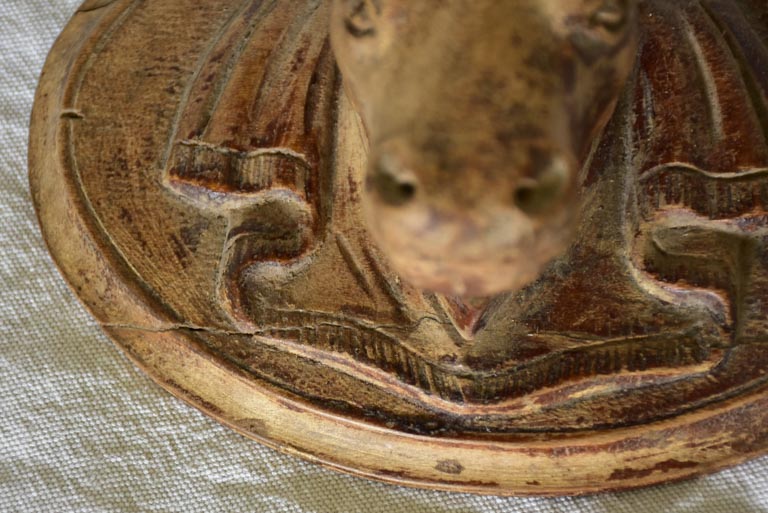 Antique French bulls head from a butcher's block - carved wood