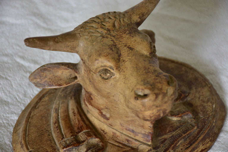 Antique French bulls head from a butcher's block - carved wood