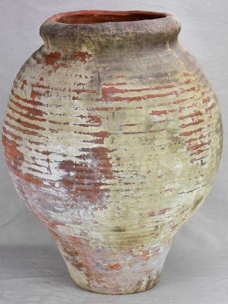 Antique clay pot with ribbed sides and drainage hole 26½"