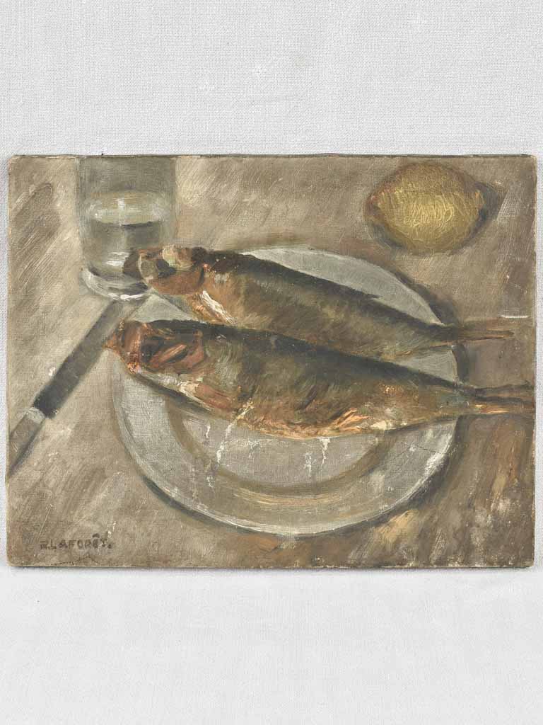 Painting Still Life w/ fish & lemon -M. LAFORET 11" x 14¼"