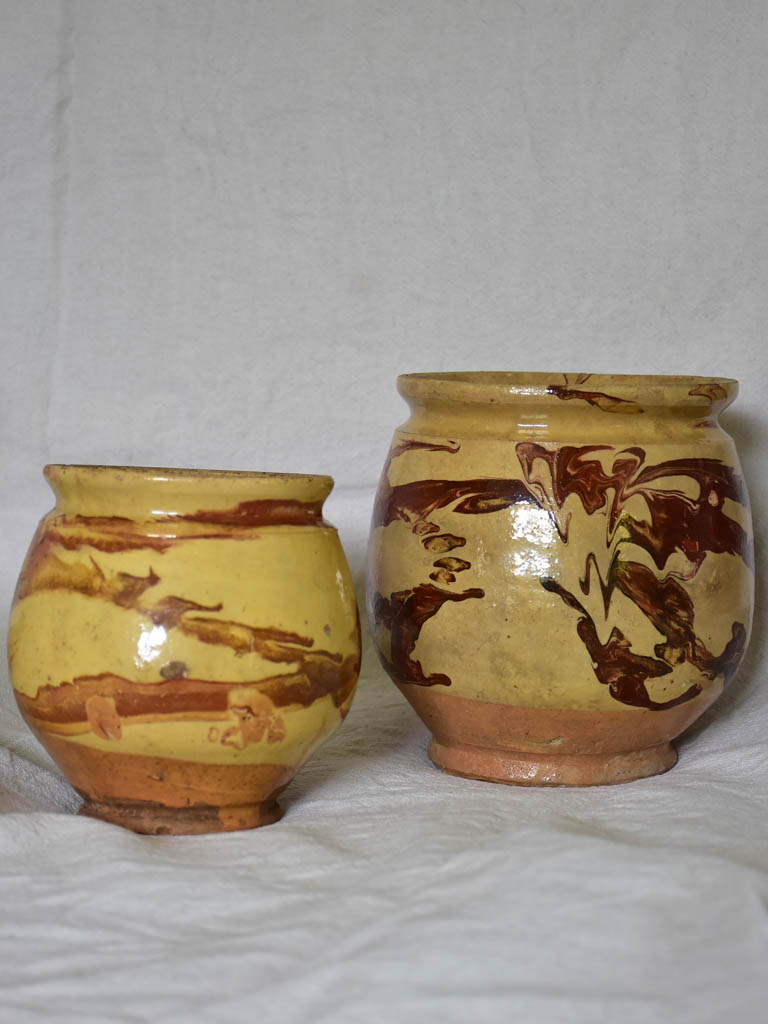 Two clay marbleized honey / preserving pots from Apt 7"