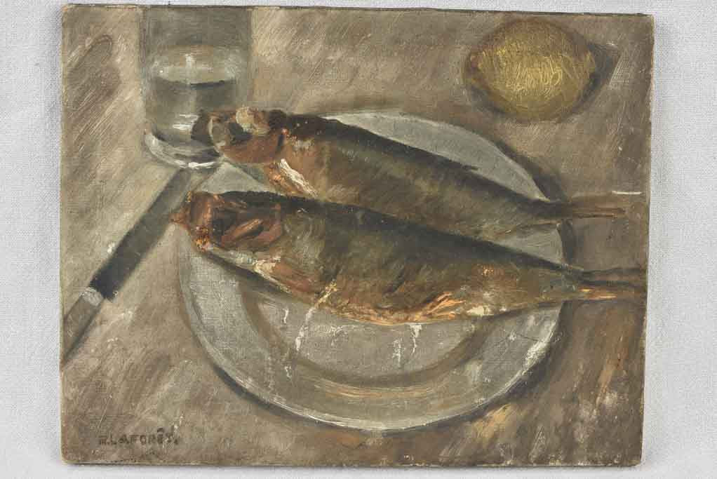 Painting Still Life w/ fish & lemon -M. LAFORET 11" x 14¼"