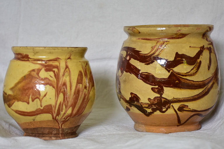 Two clay marbleized honey / preserving pots from Apt 7"