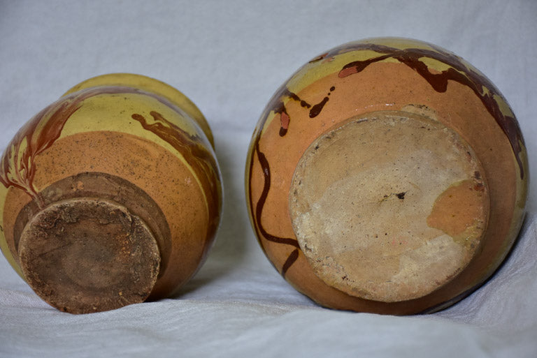 Two clay marbleized honey / preserving pots from Apt 7"