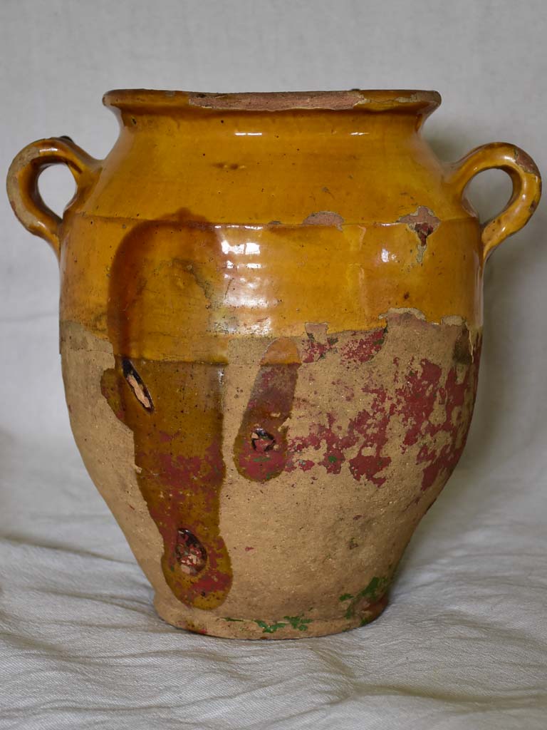 Antique French confit pot with orange glaze and traces of red and green 10¼"