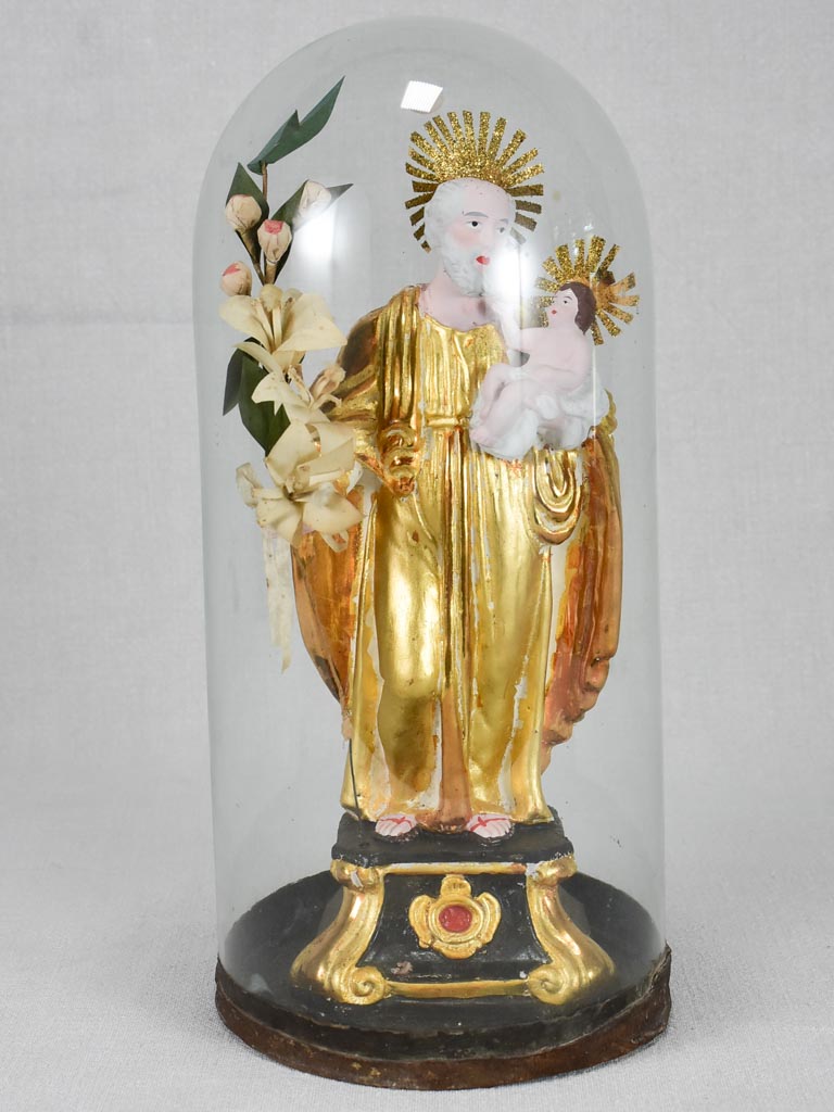 19th-century Santibelli sculpture of Saint Joseph in original glass dome 14½"