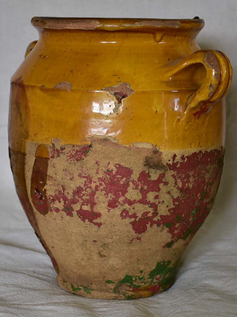 Antique French confit pot with orange glaze and traces of red and green 10¼"