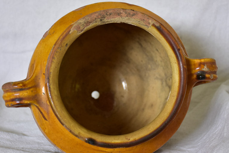 Antique French confit pot with orange glaze and traces of red and green 10¼"