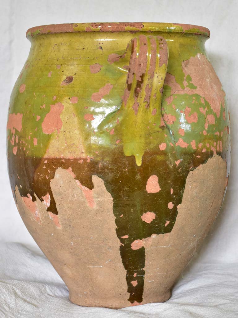 Very large antique French confit pot with fatigued green glaze 13"