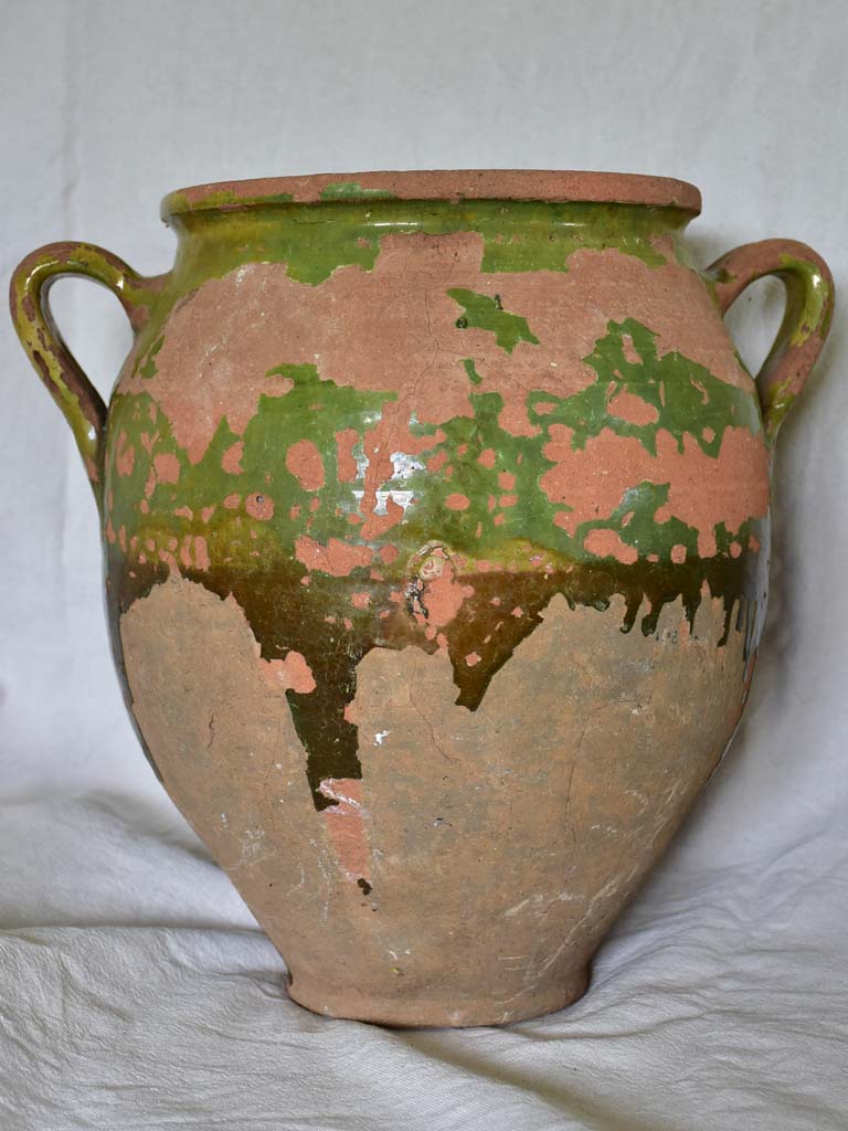 Very large antique French confit pot with fatigued green glaze 13"