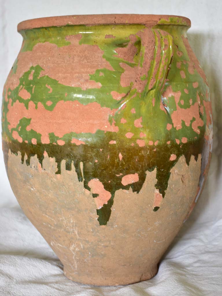 Very large antique French confit pot with fatigued green glaze 13"