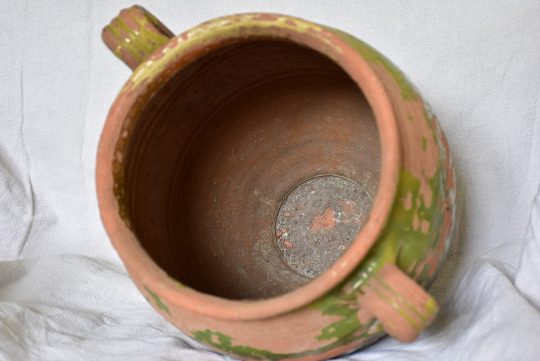 Very large antique French confit pot with fatigued green glaze 13"